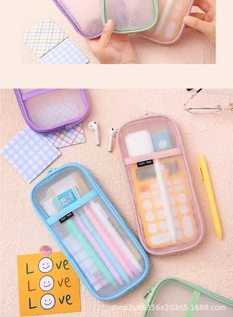 New Mesh Student Pencil Bag Transparent Simple Large-Capacity Stationery Bag Exam-Specific Student Pencil Bag Stationery Box