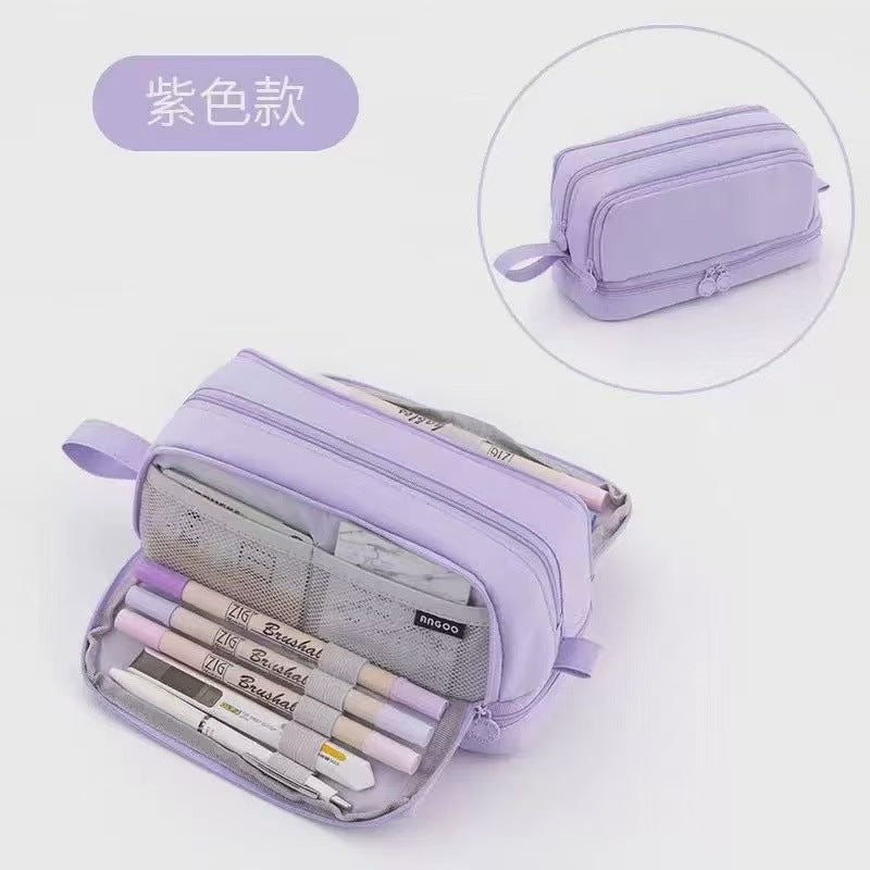 Cross-Border Color-Blocked Retractable Pencil Case, Large-Capacity Stationery Bag, Multifunctional Double-Zipper for Students, Simple and Convertible into Canvas