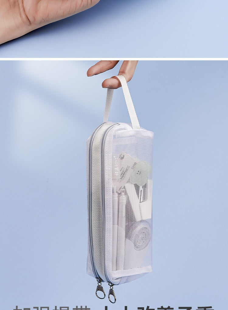 Mesh Large-Capacity Pencil Case, Transparent Double-Layer Student Exam Zipper Stationery Storage Bag, Three-Layer Stationery Bag