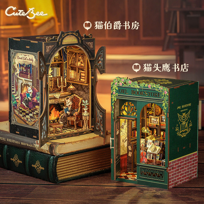 CuteBee New Small Frame Owl Bookstore diy Wooden 3D Handmade Assembled Book Stand Model Toy