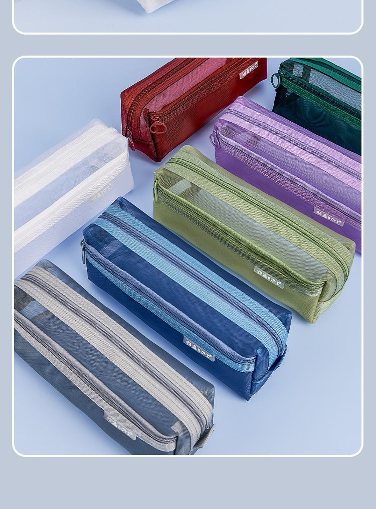 Mesh Large-Capacity Pencil Case, Transparent Double-Layer Student Exam Zipper Stationery Storage Bag, Three-Layer Stationery Bag