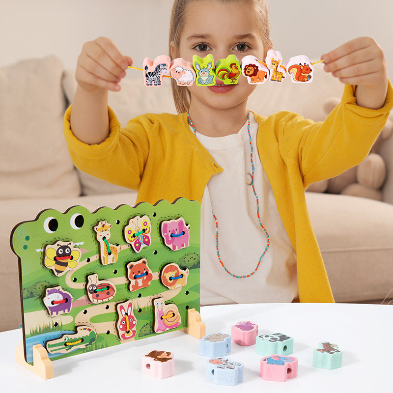 Wooden two-in-one string string beaded puzzle string animal fruit traffic large particle string wooden toy