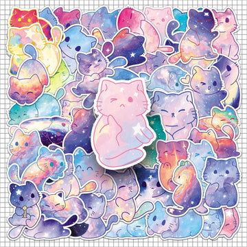 50 Original Watercolor Starry Sky Cat Cartoon Dreamy Soft Cute Animal Pattern Stickers Notebook Desktop Decoration Stickers