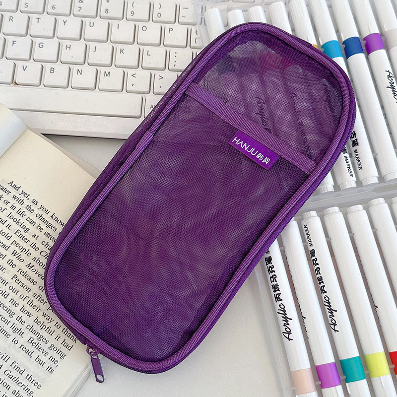 Korean Hj-006 High-Looking Pencil Bag, Transparent Mesh Stationery Bag, Simple Handbag, Cosmetic Bag, Double-Layer Storage Bag