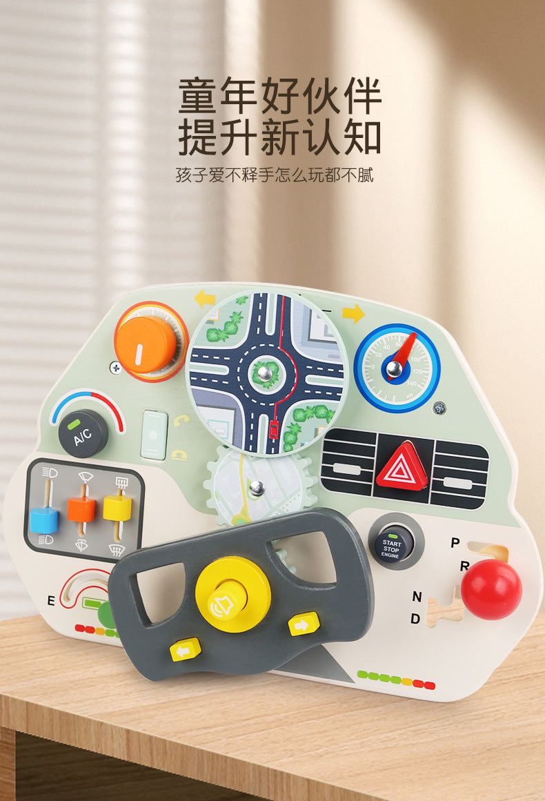 CECPC Montessori Children's Simulated Steering Wheel Busy Board Switch Led Light Busy Board Early Education Educational Wooden Toys