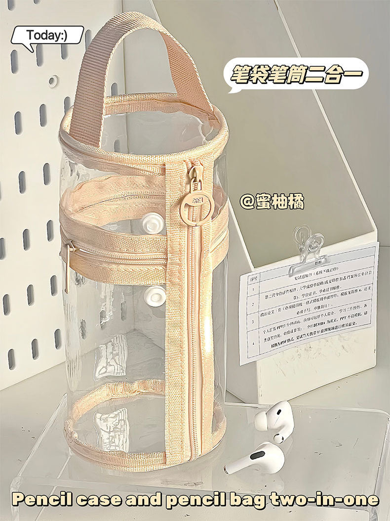 Ins Pen Holder Type Pencil Bag Large Capacity Storage Cylindrical Pen Holder Student High-Looking Transparent Waterproof Thickeneded Stationery Bag