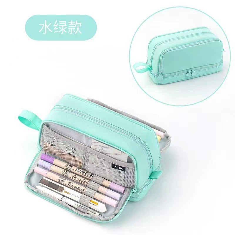 Han Feng Japanese Style New Large Capacity Pencil Case Double Layer Solid Color Multifunctional Pencil Case for Men and Women Middle School Students Pencil Bag