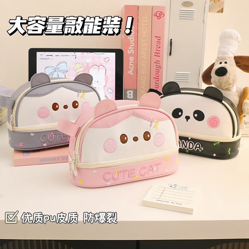 New Large Capacity Blush Panda Pu Pencil Case High-Looking Cute Cartoon Student Neutral Stationery Storage Box Wholesale