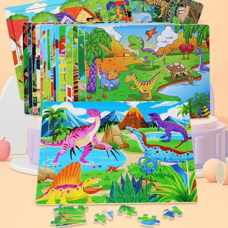 Wooden 80 Pieces Puzzle Toddler Cartoon Dinosaur Animal Plane Puzzle Baby Early Education and Intelligence Building Blocks Toy