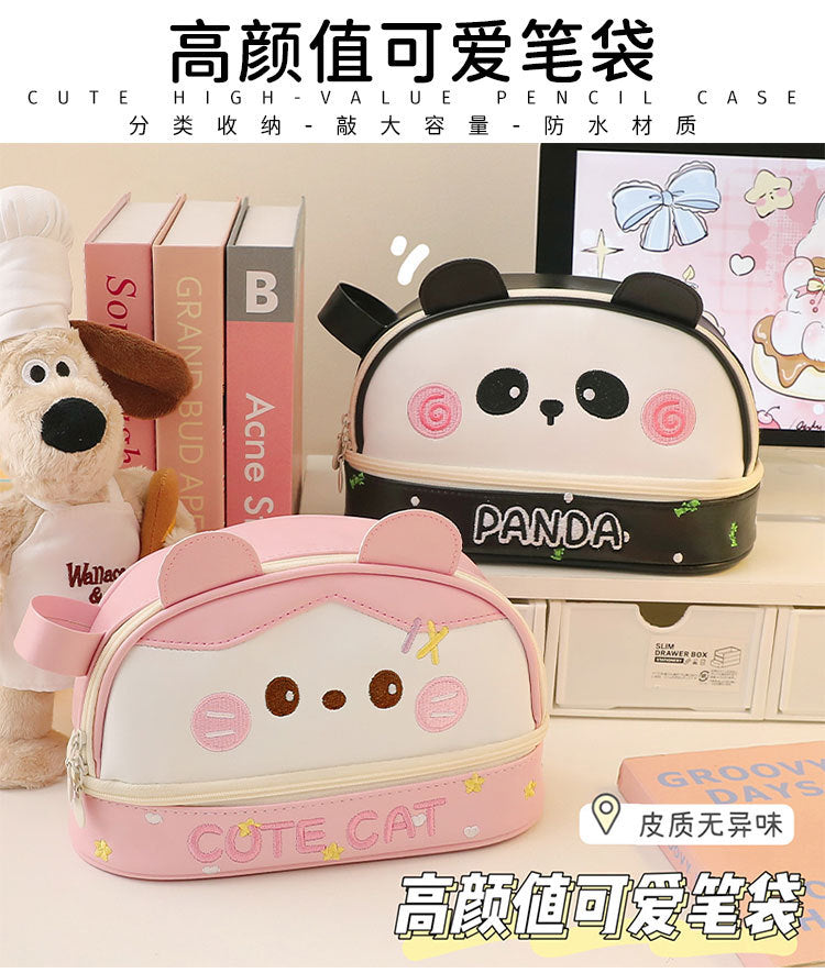 New Large Capacity Blush Panda Pu Pencil Case High-Looking Cute Cartoon Student Neutral Stationery Storage Box Wholesale