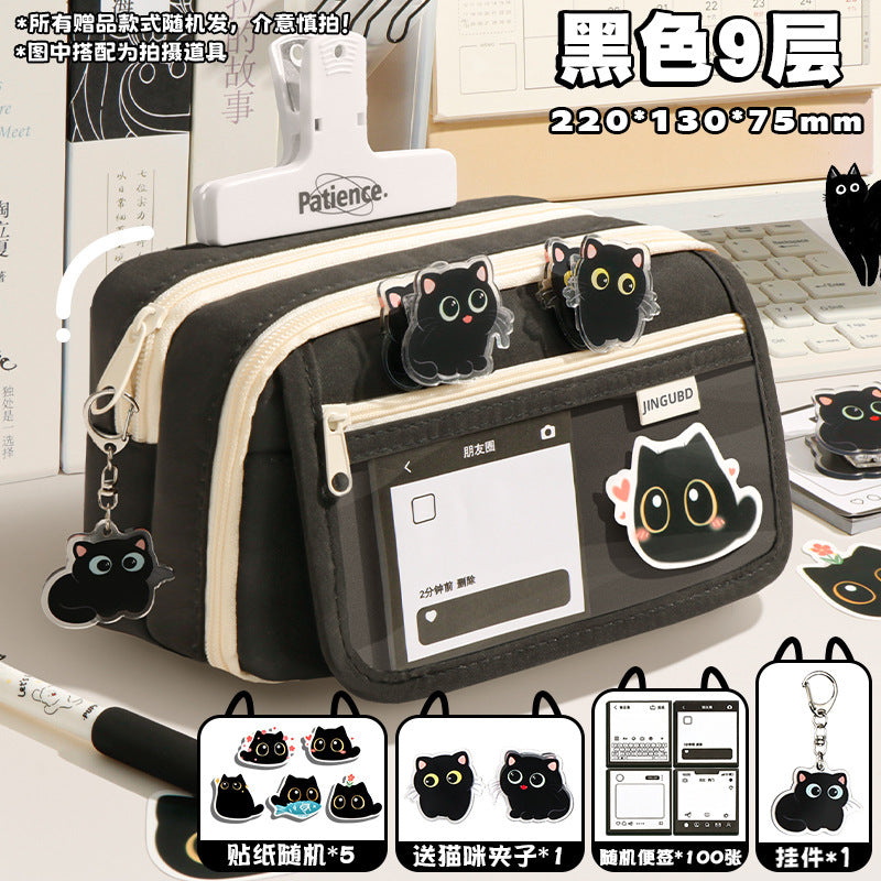 Cat Pencil Case, High Aesthetic Value, Large Capacity, Ins-Style Transparent Korean Version Storage Bag, Cool Black Style Stationery Bag for Study and Office Use