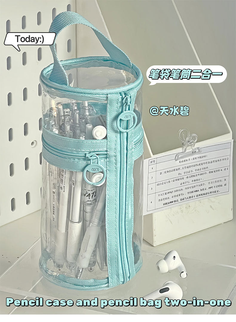 Ins Pen Holder Type Pencil Bag Large Capacity Storage Cylindrical Pen Holder Student High-Looking Transparent Waterproof Thickeneded Stationery Bag