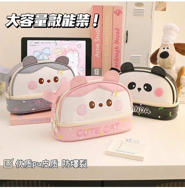 New Large Capacity Blush Panda Pu Pencil Case High-Looking Cute Cartoon Student Neutral Stationery Storage Box Wholesale