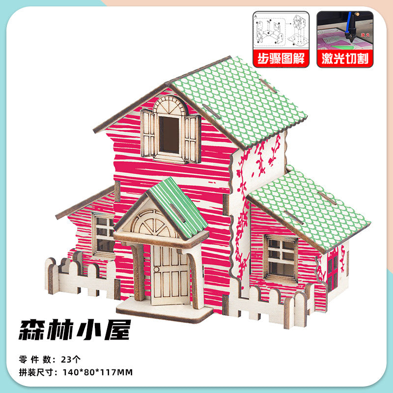 Wooden Reasons Children's Girls Assembled Handmade Ornaments diy Assembled Cabin Model Building Blocks Head Small House Puzzle