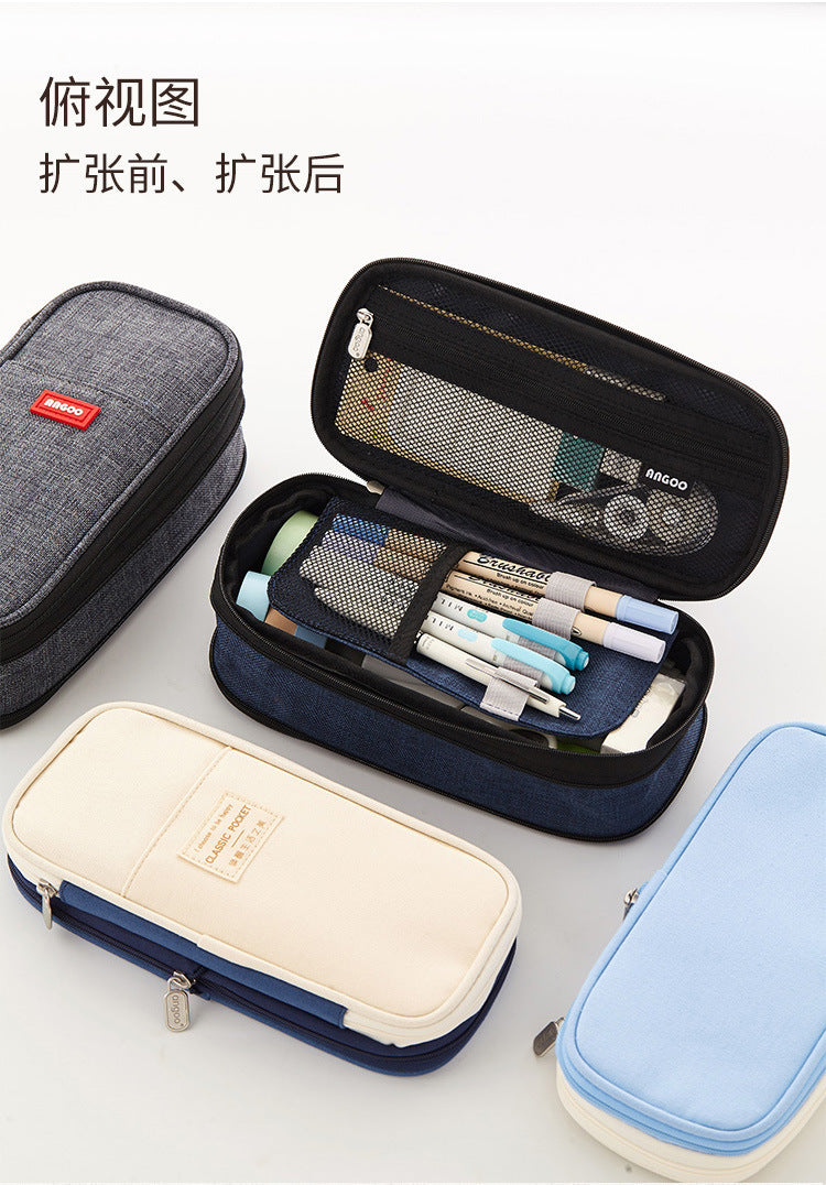 in stock Multi-layer Canvas Retractable Pencil Case Korean Simple High School Student Macaron Color-block Variable Large Capacity Pencil Case
