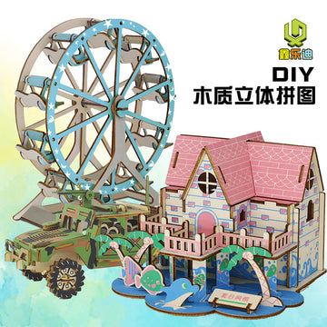 Name factory direct high-quality wood 3D three-dimensional puzzle Hummer cutting small house building Ferris wheel model