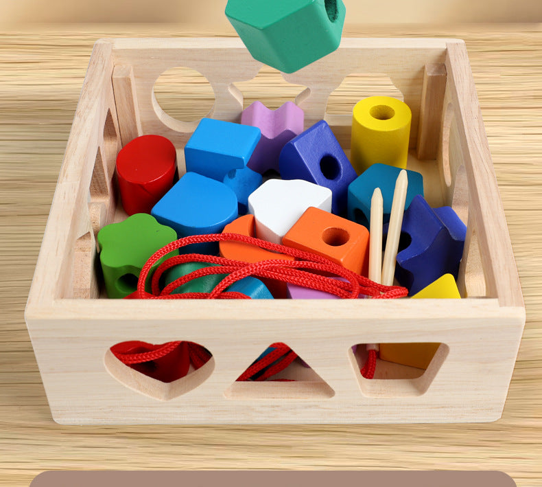 Children's Educational Beaded Five Sets of Column Color Sensory Enlightenment Children's Shape Matching Perception Early Education Wooden Building Blocks Play