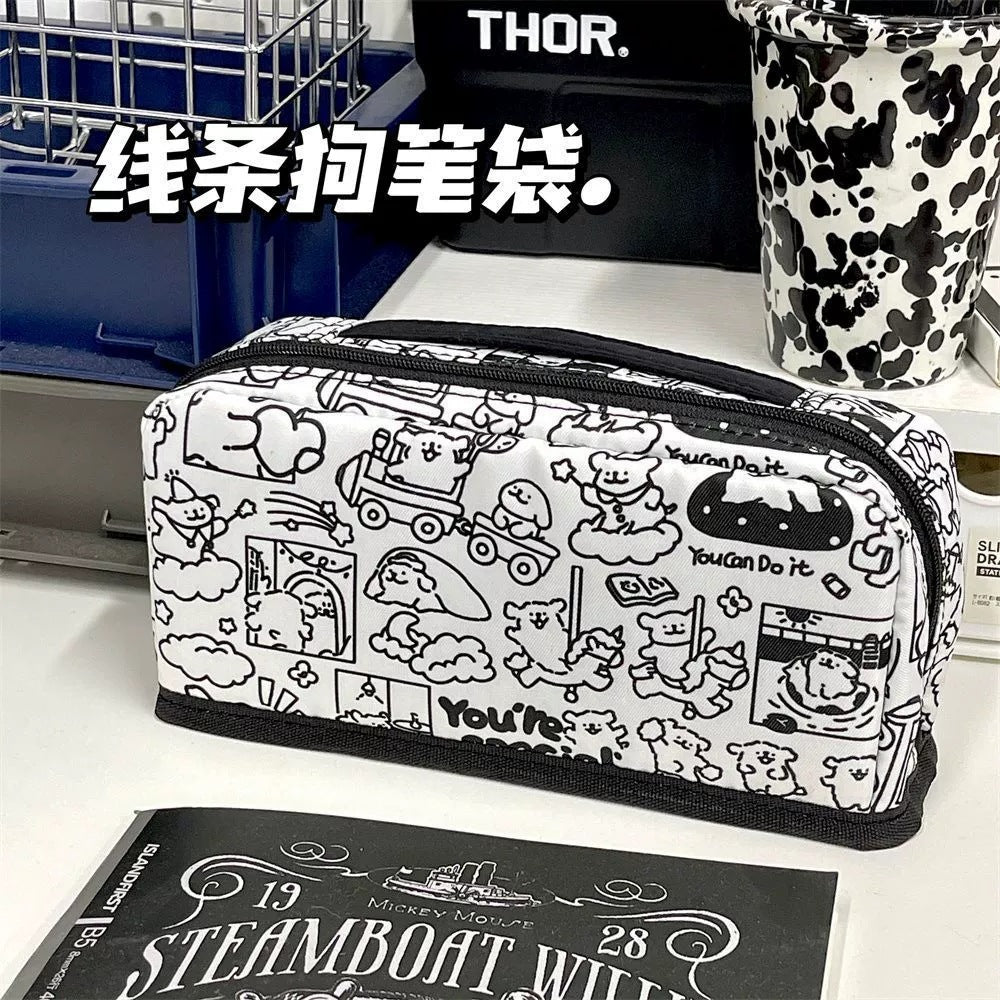 Korean Style Line Drawing Dog Multifunctional Large-Capacity Pencil Case Capybara Student Stationery Box Storage Trendy Elements