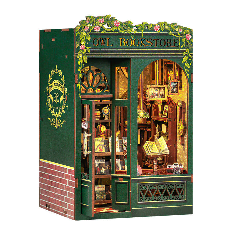CuteBee New Small Frame Owl Bookstore diy Wooden 3D Handmade Assembled Book Stand Model Toy
