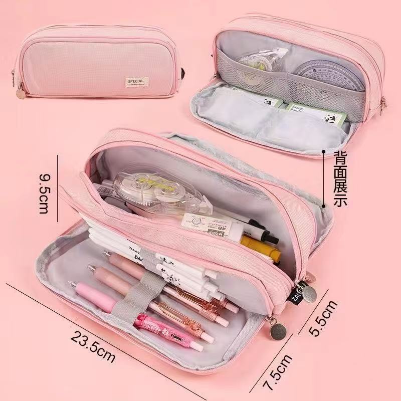 Cross-Border Color-Blocked Retractable Pencil Case, Large-Capacity Stationery Bag, Multifunctional Double-Zipper for Students, Simple and Convertible into Canvas