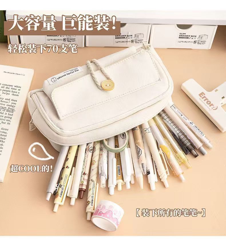 Button Pencil Bag with Good Looks for Girls, Large Capacity, Simple Ins Student Creative Canvas Stationery Bag, Pencil Stationery Box