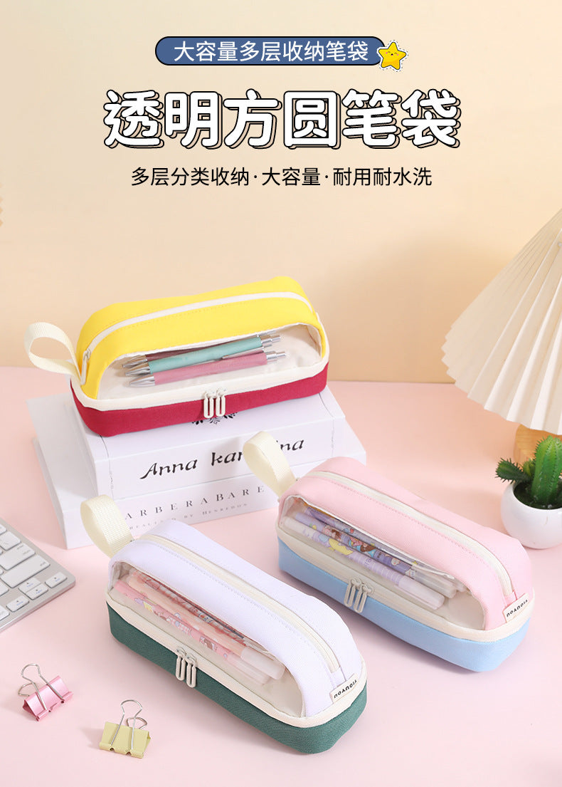Large-Capacity Durable and Washable Student Stationery Oxford Cloth Storage Bag Transparent Square and Round Pencil Bag Multi-Layer Portable Pencil Bag