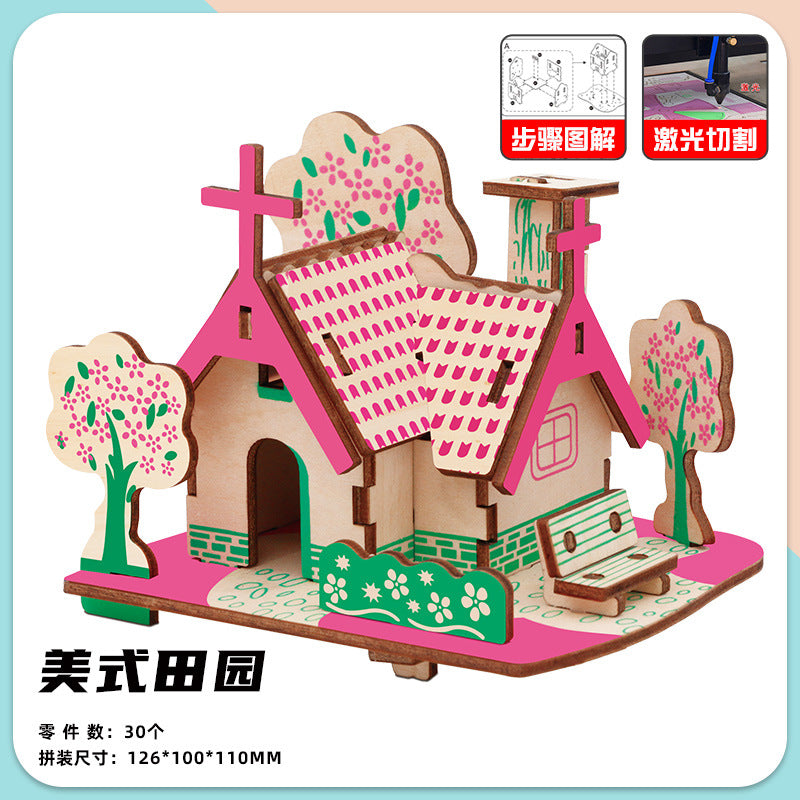 Wooden Reasons Children's Girls Assembled Handmade Ornaments diy Assembled Cabin Model Building Blocks Head Small House Puzzle