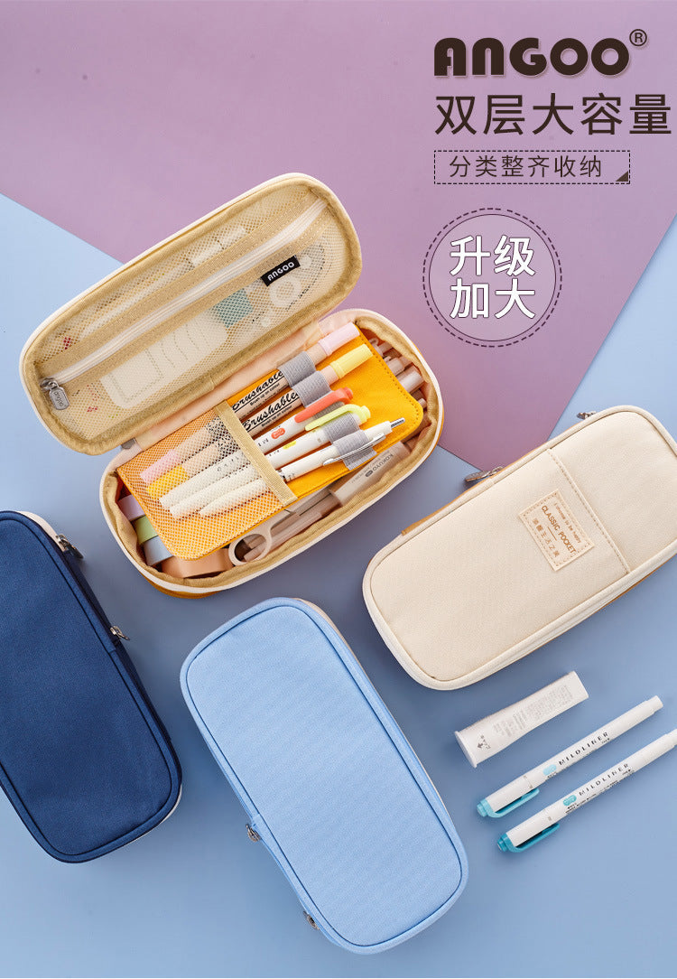 in stock Multi-layer Canvas Retractable Pencil Case Korean Simple High School Student Macaron Color-block Variable Large Capacity Pencil Case