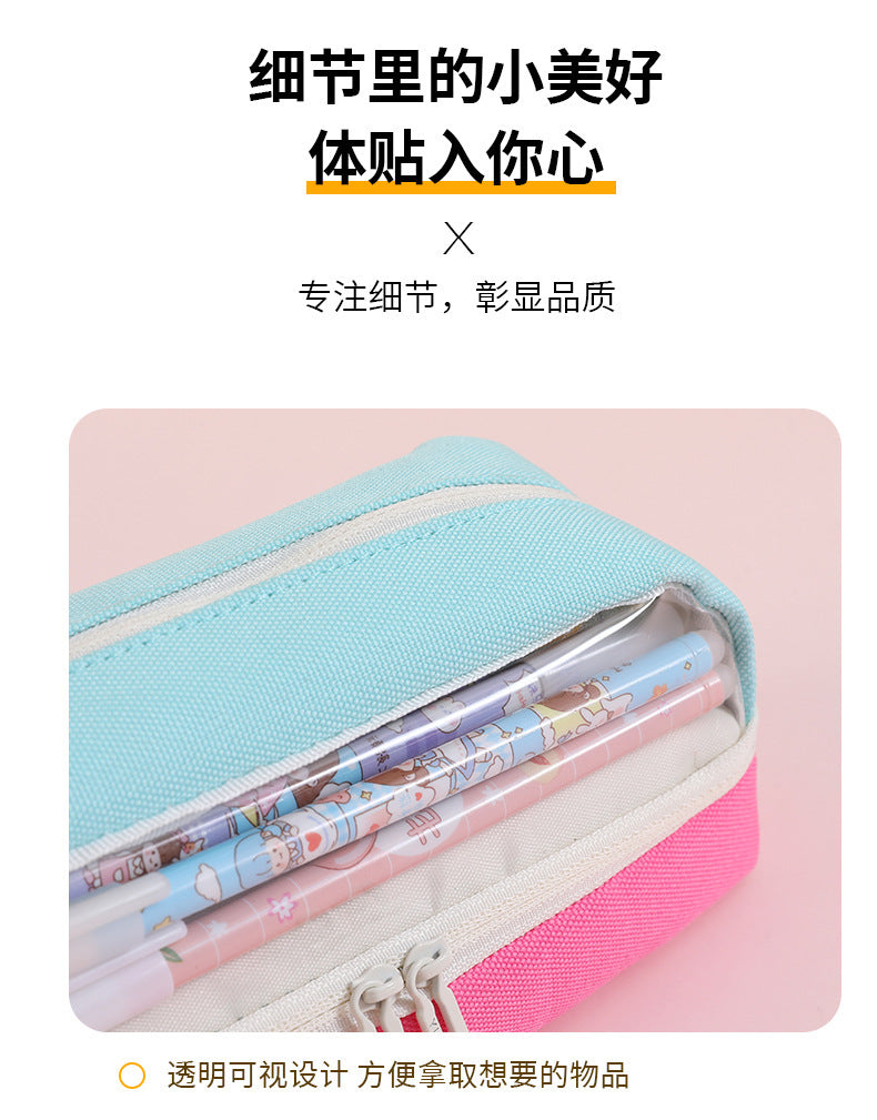 Large-Capacity Durable and Washable Student Stationery Oxford Cloth Storage Bag Transparent Square and Round Pencil Bag Multi-Layer Portable Pencil Bag