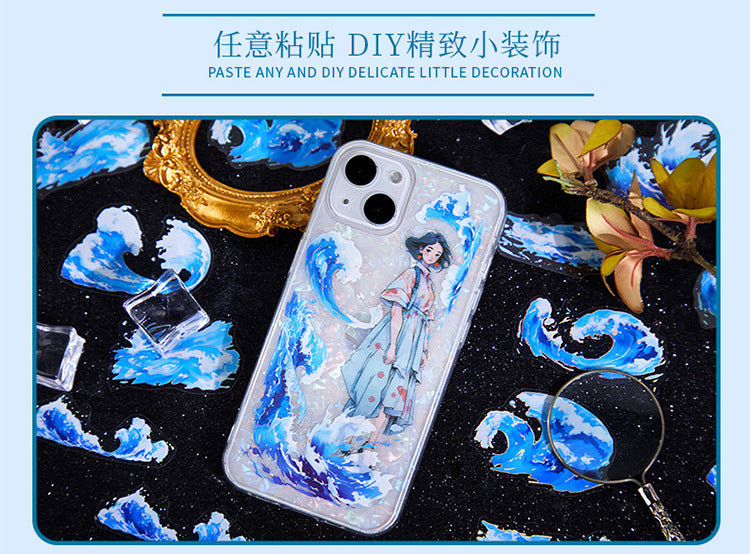 Light-Picking Bronzing Wave Handbook Stickers Natural Water Series Pet Material DIY Decorative Collage Stickers Cross-Border