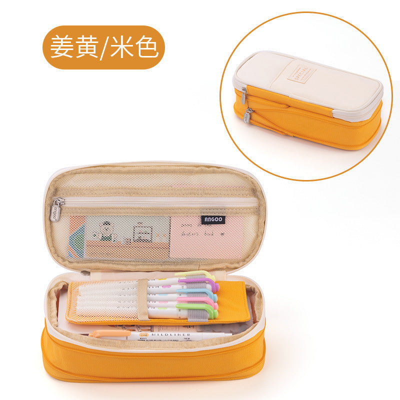 in stock Multi-layer Canvas Retractable Pencil Case Korean Simple High School Student Macaron Color-block Variable Large Capacity Pencil Case