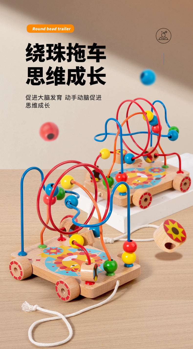 Children's Early Education Second-Line and Third-Line Bead Puzzle Beaded Hand-Eye Coordination Animal Maze Track Trailer Wooden Toy