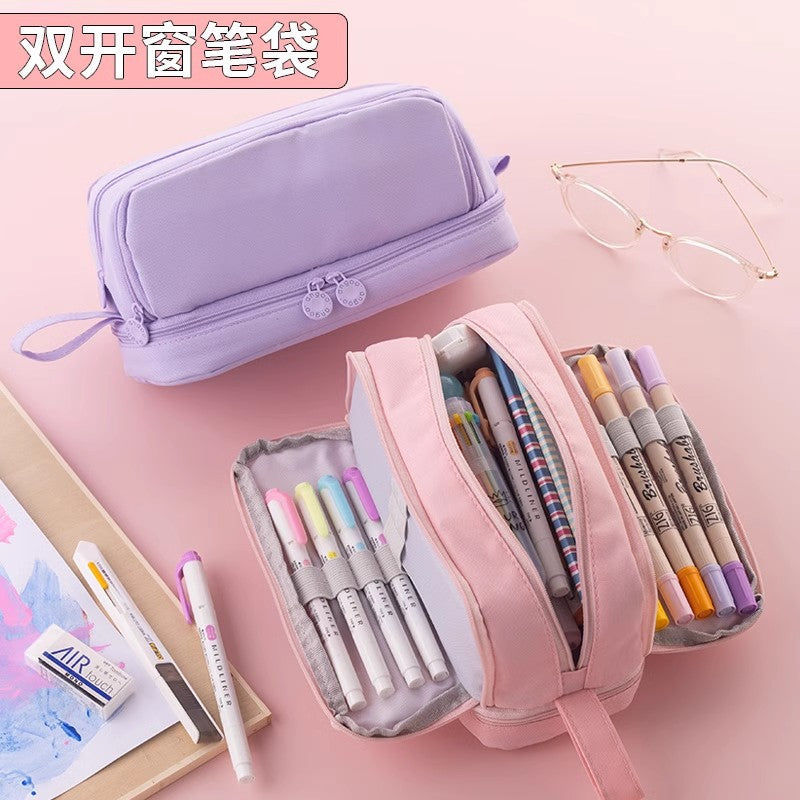 Han Feng Japanese Style New Large Capacity Pencil Case Double Layer Solid Color Multifunctional Pencil Case for Men and Women Middle School Students Pencil Bag