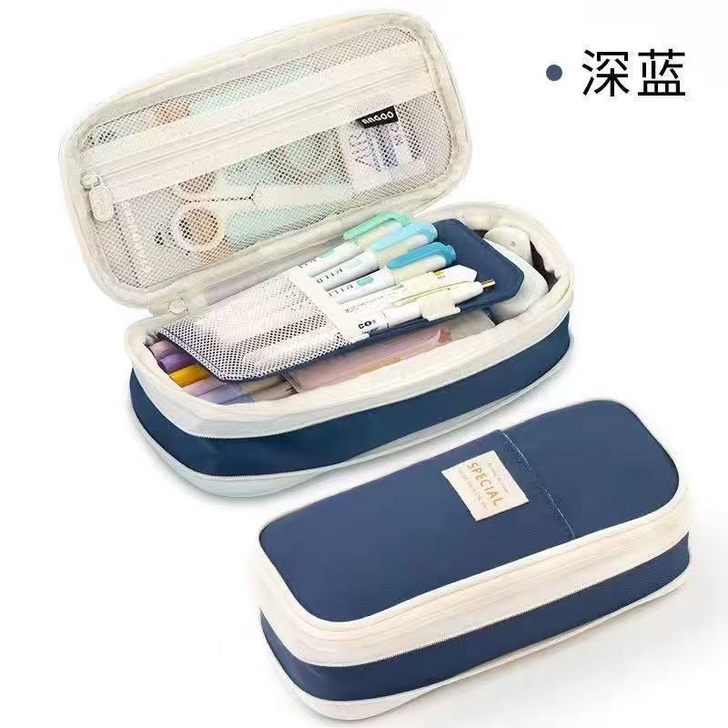 Cross-Border Color-Blocked Retractable Pencil Case, Large-Capacity Stationery Bag, Multifunctional Double-Zipper for Students, Simple and Convertible into Canvas