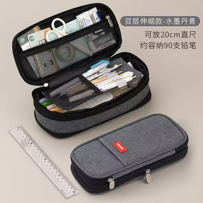 Cross-Border Color-Blocked Retractable Pencil Case, Large-Capacity Stationery Bag, Multifunctional Double-Zipper for Students, Simple and Convertible into Canvas