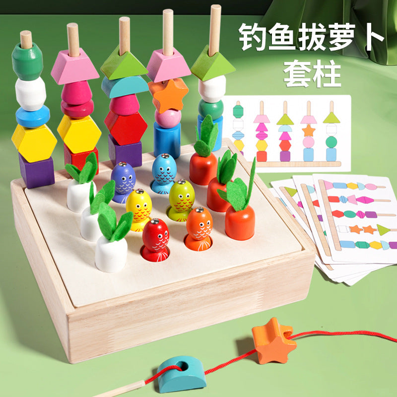 Children's Educational Beaded Five Sets of Column Color Sensory Enlightenment Children's Shape Matching Perception Early Education Wooden Building Blocks Play