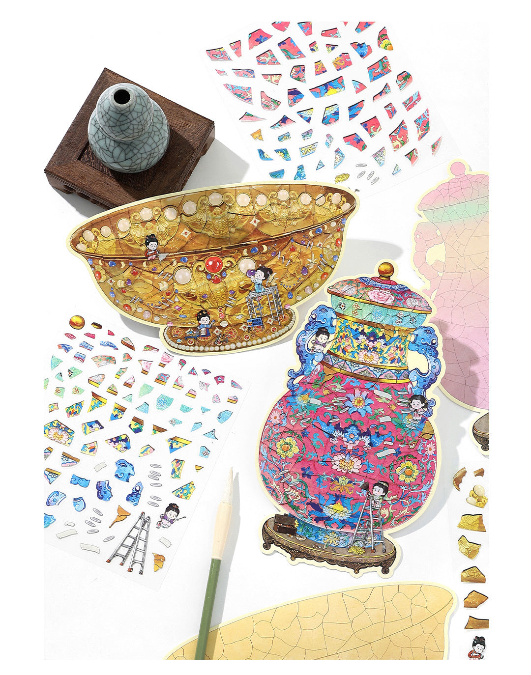 Infeel.Mepet White Card Scenery Stickers, Vintage Item Restorer, Miniature Stereo Chinese-Style Fun Stickers
