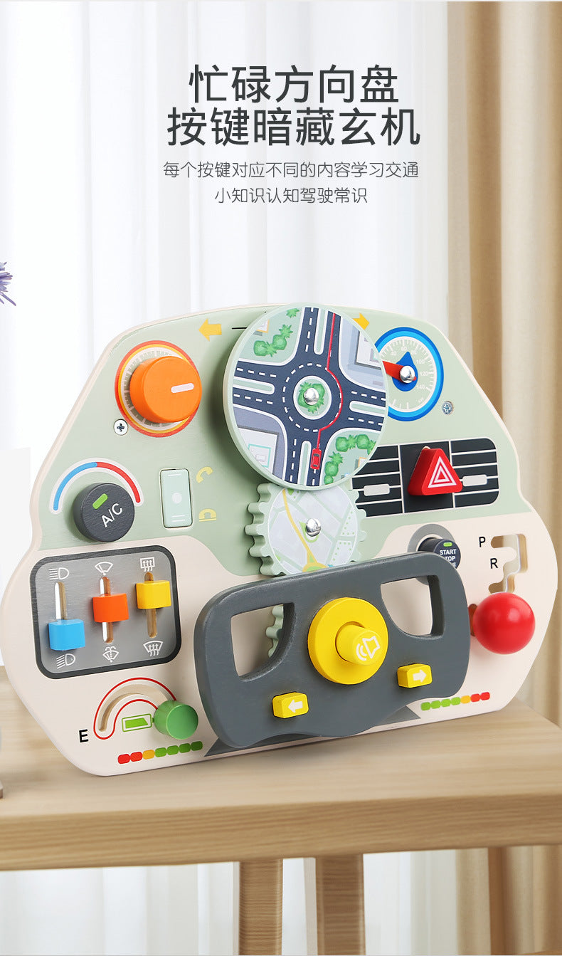 CECPC Montessori Children's Simulated Steering Wheel Busy Board Switch Led Light Busy Board Early Education Educational Wooden Toys