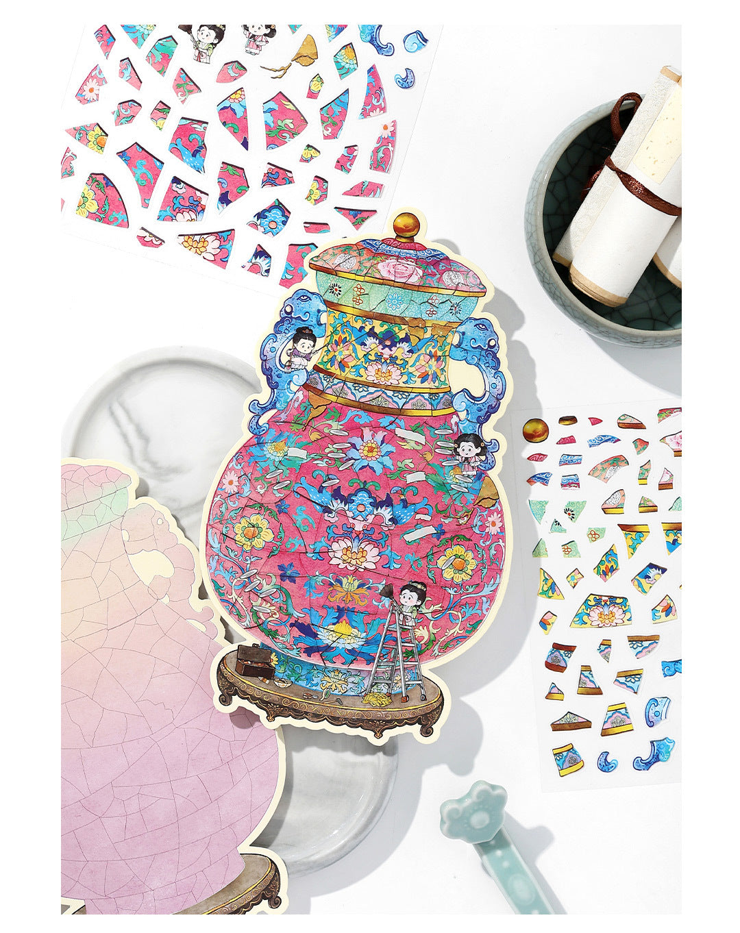 Infeel.Mepet White Card Scenery Stickers, Vintage Item Restorer, Miniature Stereo Chinese-Style Fun Stickers