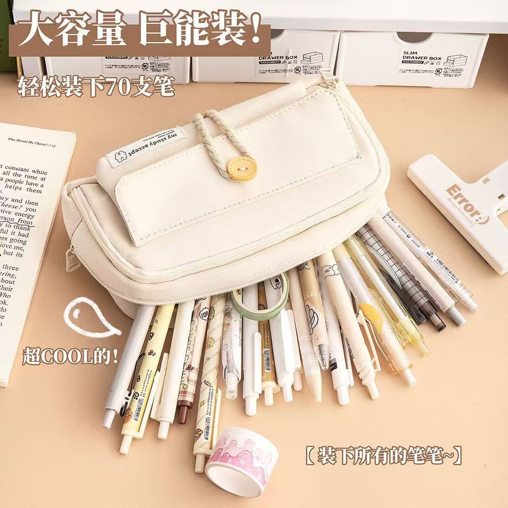 Button Pencil Bag with Good Looks for Girls, Large Capacity, Simple Ins Student Creative Canvas Stationery Bag, Pencil Stationery Box