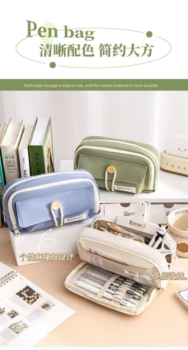 Button Pencil Bag with Good Looks for Girls, Large Capacity, Simple Ins Student Creative Canvas Stationery Bag, Pencil Stationery Box
