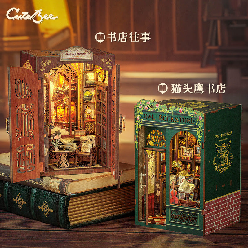 CuteBee New Small Frame Owl Bookstore diy Wooden 3D Handmade Assembled Book Stand Model Toy