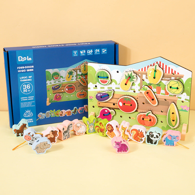Wooden two-in-one string string beaded puzzle string animal fruit traffic large particle string wooden toy