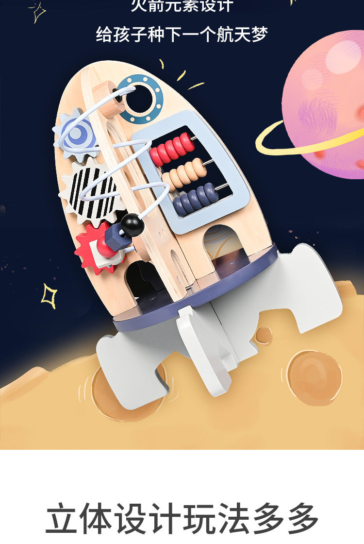 New Children's Wooden Space Rocket Multi-Functional Educational Early Education Around Beads Montessori Toys Customized