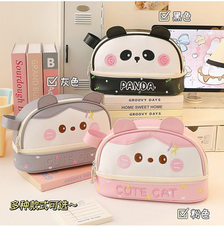 New Large Capacity Blush Panda Pu Pencil Case High-Looking Cute Cartoon Student Neutral Stationery Storage Box Wholesale