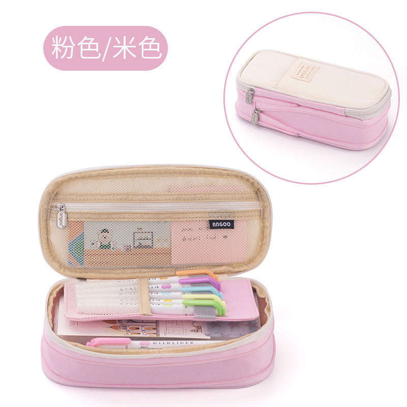 in stock Multi-layer Canvas Retractable Pencil Case Korean Simple High School Student Macaron Color-block Variable Large Capacity Pencil Case