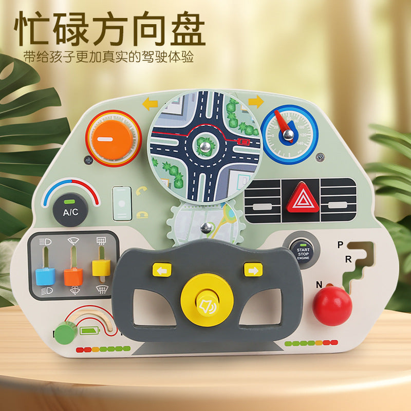 CECPC Montessori Children's Simulated Steering Wheel Busy Board Switch Led Light Busy Board Early Education Educational Wooden Toys
