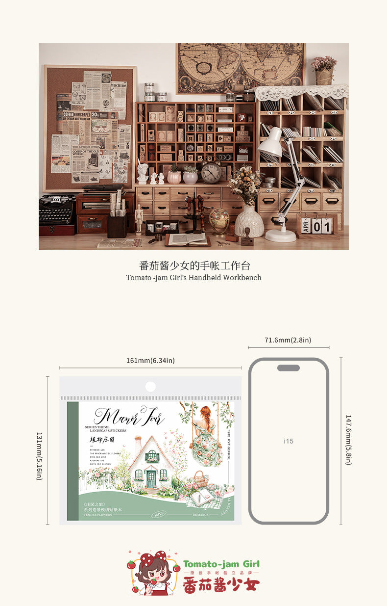 Manor Tour Landscaping Die-Cut Pet Sticker Book Retro Manor Orange Character Handbook Decoration Material Sticker
