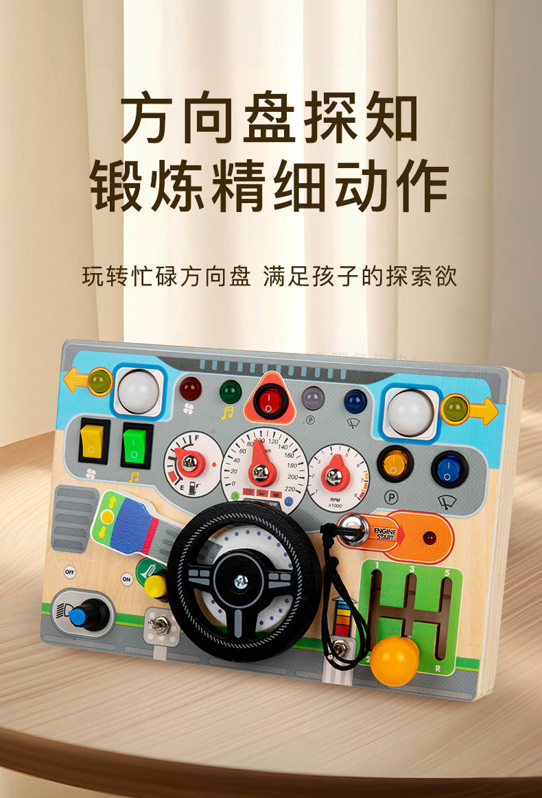 CECPC Montessori Children's Simulated Steering Wheel Busy Board Switch Led Light Busy Board Early Education Educational Wooden Toys