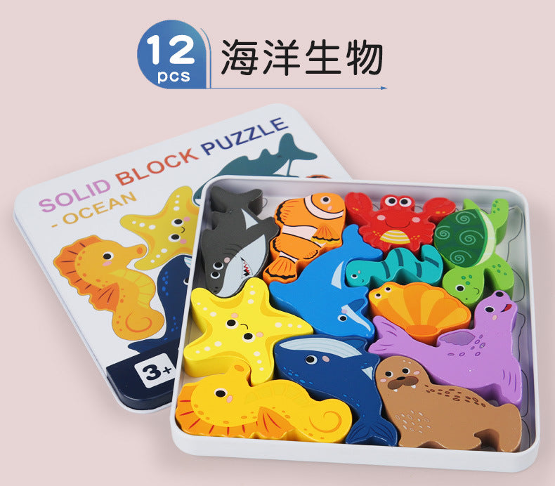 Cross-Border Children's Wooden Three-Dimensional Hexagonal Puzzle Animal Transportation Puzzle Building Blocks Early Education Educational Toys